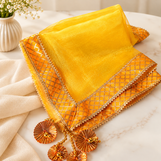 Yellow Sqaure Gota Patti Thali Cover