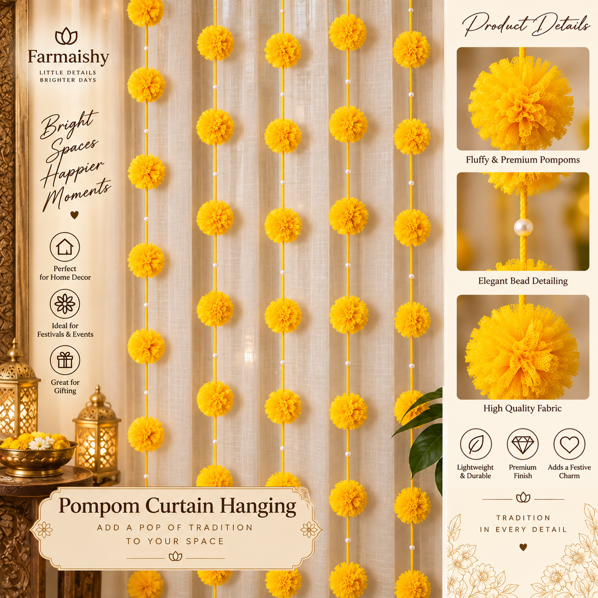 Decorative Yellow Pom Pom Hanging Set Of 5