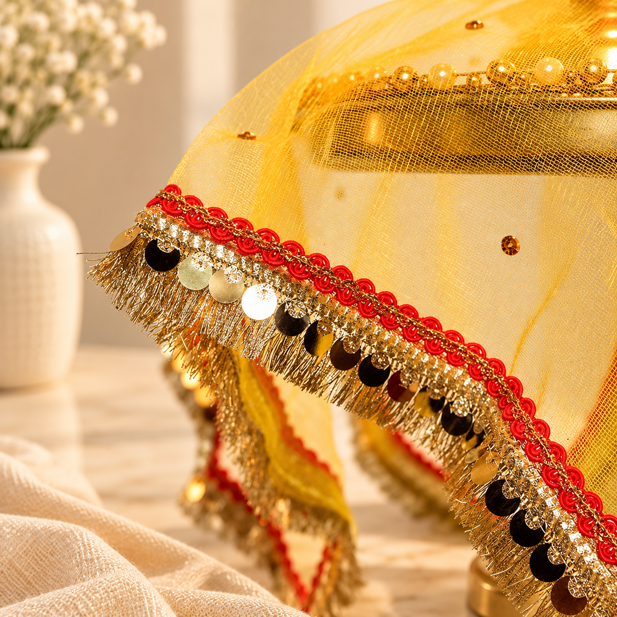 Yellow Sqaure Tassel Thali Cover