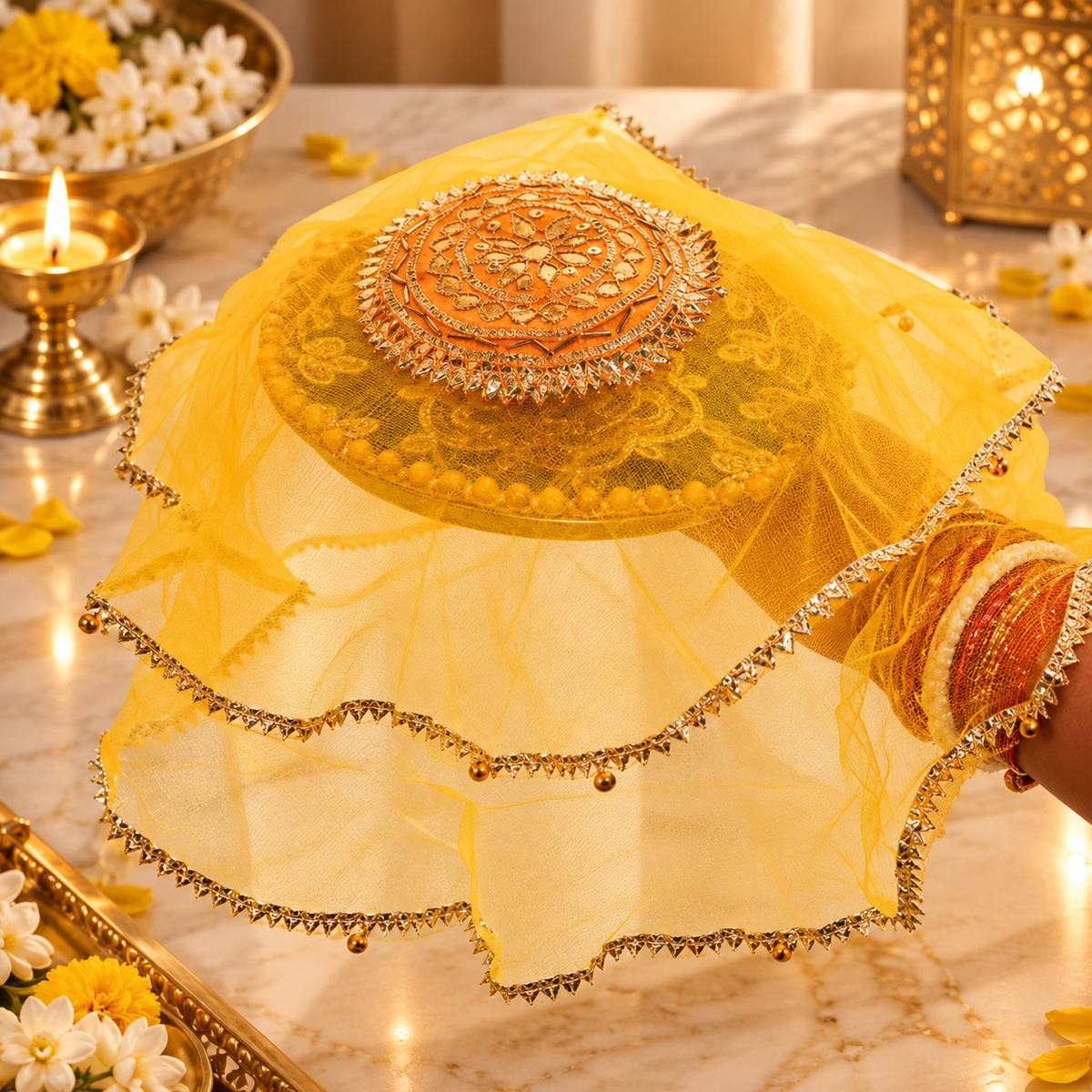 Yellow Gota Patti Round Frill Thali Cover