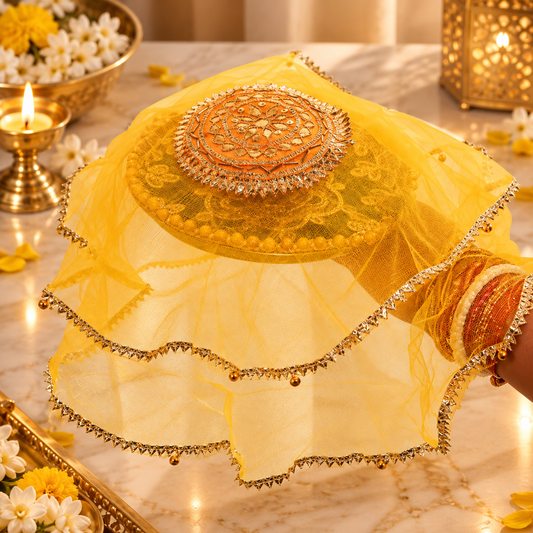 Yellow Gota Patti Round Frill Thali Cover