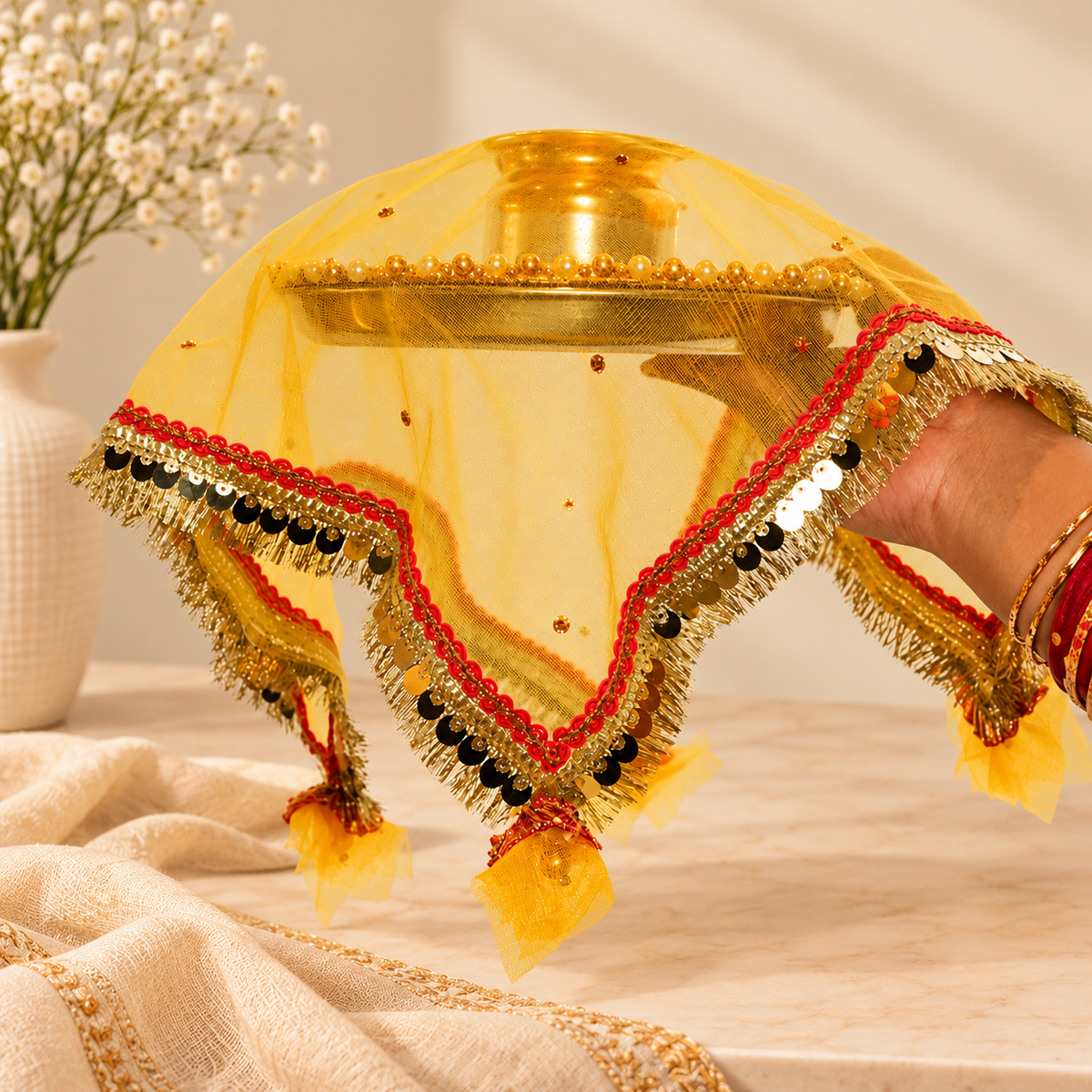 Yellow Sqaure Tassel Thali Cover